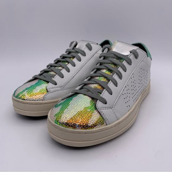 P448 John Women's White Leather Glitter Camo Iridescent Sneakers - Size: EUR 36 - Picture 7 of 15